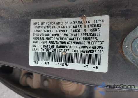 2015 Honda Civic Lx из США, поврежденный, VIN 19XFB2F59FE021237